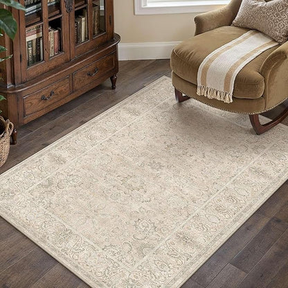 HUGEAR 3x5 Machine Washable Area Rugs Vintage Beige - Neutral Non Slip Stain Resistant Low Pile Aesthetic Throw Carpet Kids & Pet Friendly for Living Room Kitchen Dining Room Laundry
