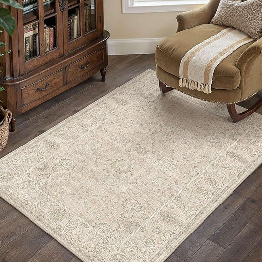 HUGEAR 3x5 Machine Washable Area Rugs Vintage Beige - Neutral Non Slip Stain Resistant Low Pile Aesthetic Throw Carpet Kids & Pet Friendly for Living Room Kitchen Dining Room Laundry