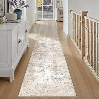 3x8 Washable Runner Rug Beige Grey Abstract Hallway Kitchen Throw Rug Neutral Modern Non Slip Soft Low Pile Carpet for Bathroom Laundry Bedroom Living Room
