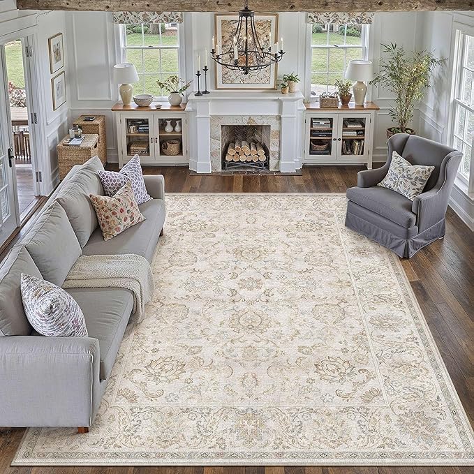 HUGEAR 8x10 Machine Washable Area Rugs Vintage Grey - Neutral Living Room Bedroom Rug Non Slip Stain Resistant Low Pile Aesthetic Throw Carpet Kids & Pet Friendly