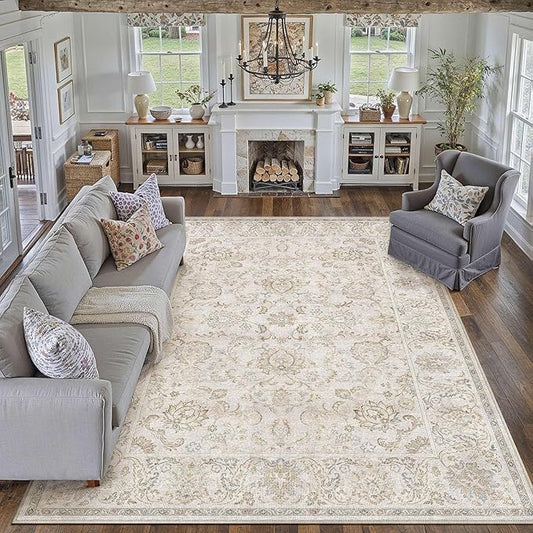 HUGEAR 8x10 Machine Washable Area Rugs Vintage Grey - Neutral Living Room Bedroom Rug Non Slip Stain Resistant Low Pile Aesthetic Throw Carpet Kids & Pet Friendly