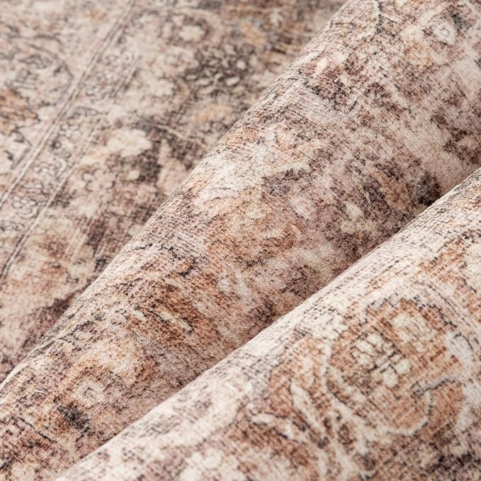 6x9 Rust Brown Washable Area Rug for Living Room Bedroom Neutral Soft Non Slip Rug Low Pile Vintage Distressed Carpet for Dining Room Nursery Office