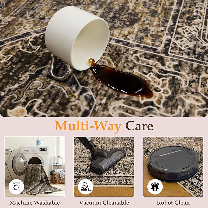Washable Area Rugs 8x10, Large Rugs for Living Room, Carpet for Bedroom, Soft Faux Wool Retro Dining Room Rug, Non-Slip Backing Resistant Low Pile Vintage Print Rug for Home Office (Brown1)