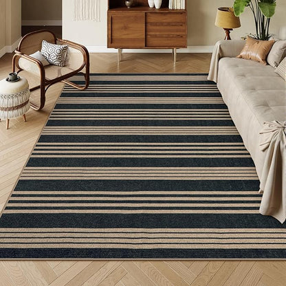 Lahome Striped Easy Jute Rugs for Living Room, 6x9 Washable Indoor Outdoor Patio Rug, Neutral Thin Non Slip Non Shedding Black Dining Room Carpet for Under Table Mudroom Classroom
