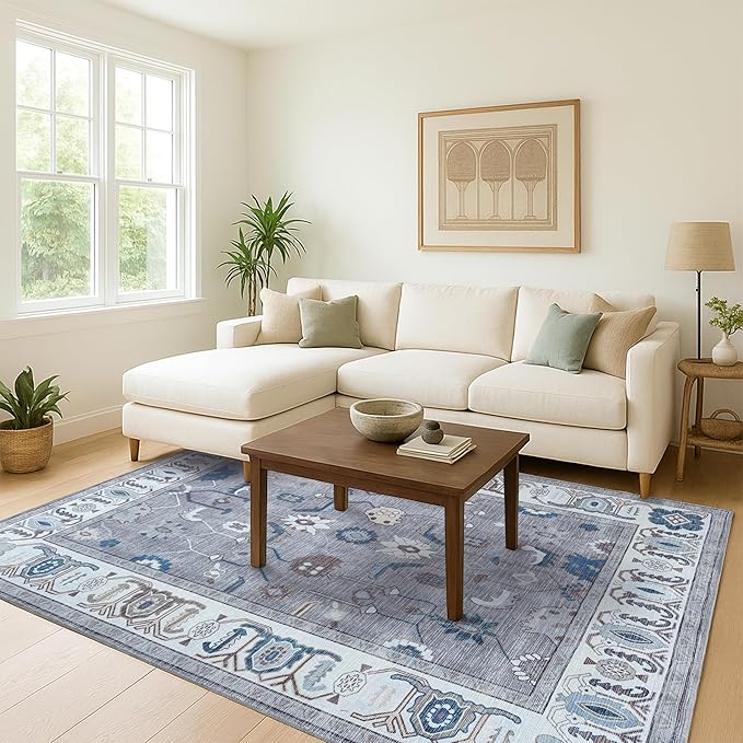 Fame Living Grey Oushak Rug, Modern, Vintage, Turkish, Eclectic, Floral, Pastel, Washable, Large Area Rugs for Living Room, Dining, Bedroom, Girls, Boys, 7'5"x9'8"