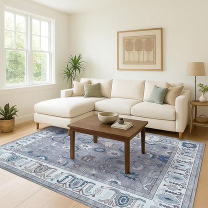 Fame Living Grey Oushak Rug, Modern Small Rugs, Vintage, Turkish, Eclectic, Floral, Pastel, Washable, Door Mat, Doormat for Indoor Entrance, Entryway, Kitchen, Bathroom, Bedroom, Laundry, 2'x3'