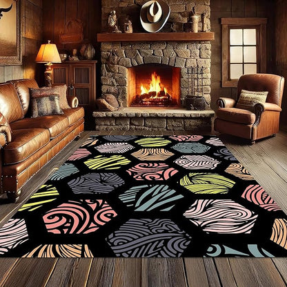 Large Living Room Area Rug 7x9ft,Modern Geometric Rugs, Multicolor Low Pile Farmhouse Carpet, Machine Washable & Non-Slip Non-Shedding for Classroom, Bedroom & Dorm