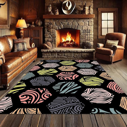 Large Living Room Area Rug 7x9ft,Modern Geometric Rugs, Multicolor Low Pile Farmhouse Carpet, Machine Washable & Non-Slip Non-Shedding for Classroom, Bedroom & Dorm