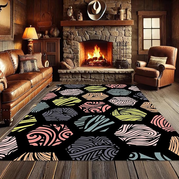 Large Living Room Area Rug 4x6ft,Modern Geometric Rugs, Multicolor Low Pile Farmhouse Carpet, Machine Washable & Non-Slip Non-Shedding for Classroom, Bedroom & Dorm