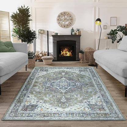Bloom Rugs Washable Non-Slip 4' x 6' Rug - Green/Blue Traditional Medallion Area Rug for Living Room, Bedroom, Dining Room, and Kitchen - Exact Size: 4' x 6'