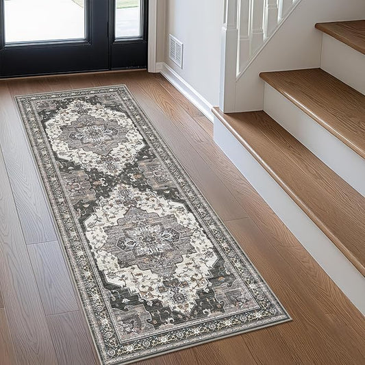 GENIMO 2X8 Hallway Runner Rug, Machine Washable Non Slip Vintage Floral Patchwork Runners, Thin Low Pile Chenille Carpet Runners for Entryway, Kitchen, Bathroom, Bedroom, Slate Gray