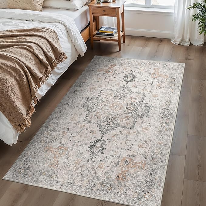 4x6 Area Rugs for Living Room, Machine Washable Low Pile Vintage Rugs, Non Slip Lightweight Print Rug for Bedroom, Dining Room, Home Office, Light Taupe Brown