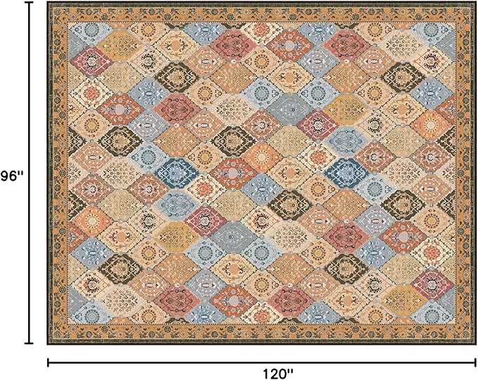 Phantoscope Washable Area Rug 8'x10' Non-Slip, Vintage Boho Rugs for Living Room, Bedroom, Dining Room, Distressed Moroccan Mosaic Diamond Pattern, Low-Pile Foldable Floor Carpet, Terracotta/Rust