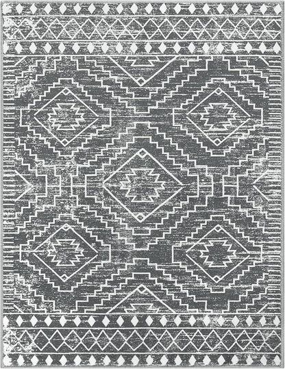 Wonnitar Moroccan 5x7 Washable Rug, Large Grey Area Rug for Living Room, Non-Slip Boho Bedroom Carpet Thin Soft Non-Shedding Farmhouse Rug for Dining Room Table Kitchen Home Office (Dark Grey,5'x7')