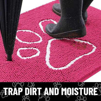 Smiry Dog Door Mat for Muddy Paws, Absorbent Dirt Trapper Non Slip Quick Dry Washable Chenille Mat for Mud Dogs, Entry Rug for Indoor and Outdoor (36x24 Inches, Hot Pink and White)