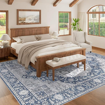 DUKINO 8x10 Rugs for Living Room, Vintage Non-Slip Washable Area Rugs, Faux Wool Bedroom Rug with Non-Shedding, Indoor Low-Pile Boho Rugs for Dining Room, Farmhouse, Blue