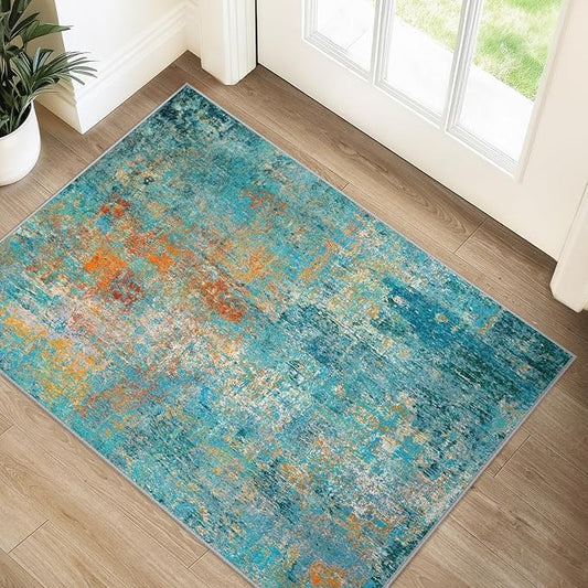 Washable Area Rugs 2'x3' Non-Slip Modern Abstract Soft for Living Room Entryway Bedroom Nursery, Print Pattern, Teal Blue Green Orange Rust Red Coloreful