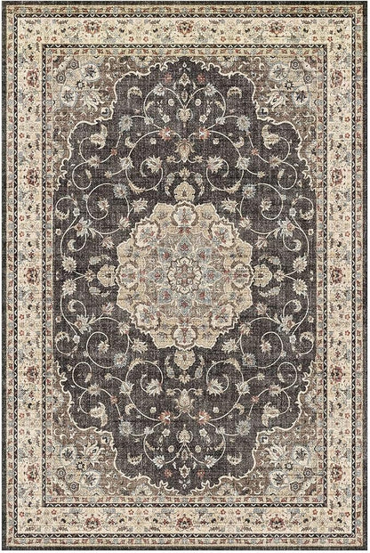 HUGEAR Machine Washable Area Rugs 6x9 Vintage Black Living Room Bedroom Rug Neutral Style Non Slip Stain Resistant Low Pile Throw Carpet for Home Retro Aesthetic Modern Decor