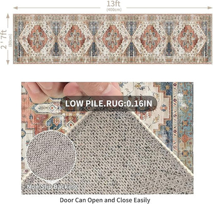Enkor Runner Rugs for Hallway, 2.6x13 Washable Soft Non Slip Floor Rugs for Kitchen, Modern Mat for Living Room Bedroom Entryway Beige & Red