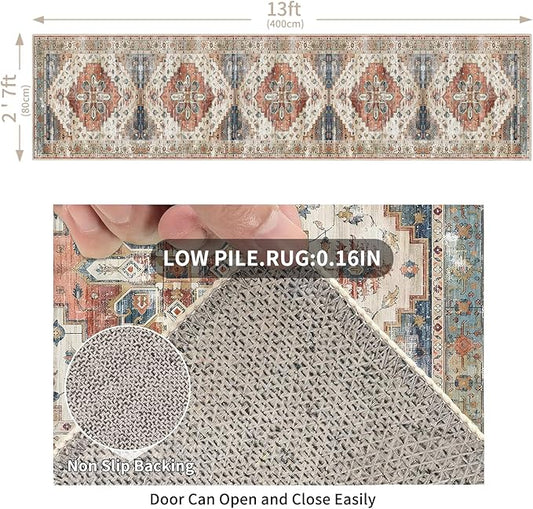 Enkor Runner Rugs for Hallway, 2.6x13 Washable Soft Non Slip Floor Rugs for Kitchen, Modern Mat for Living Room Bedroom Entryway Beige & Red