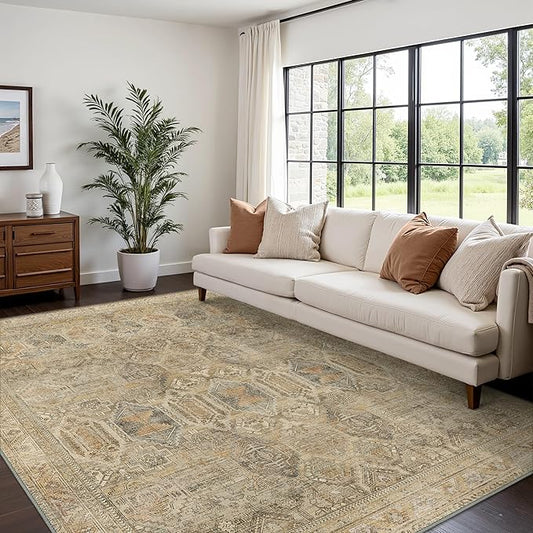 Bavni Washable Rug 6x9 Area Rug for Living Room Bedroom Dining, Washable Vintage Print Carpet, Ultra-Thin Chenille Low Pile Lightweight Rug with Non Slip Backing, Wood