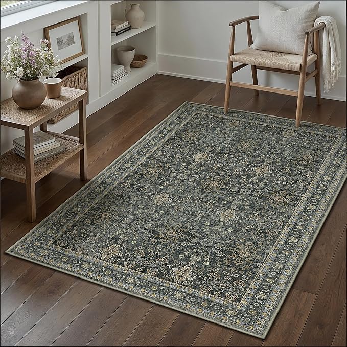 Area Rug 4x6 Black Vintage Washable Office Entryway Carpet Traditional Distressed Indoor Entry Soft Non Slip Small Door Mat Retro Low Pile Thin Rug for Kitchen Laundry Bedroom