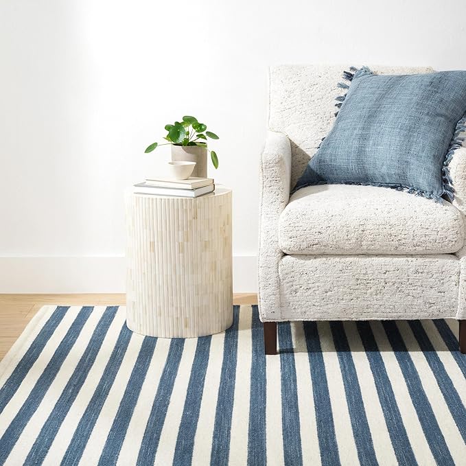 Home Conservatory Ladder Stripe Navy/Ivory Handwoven Wool 6 X 9 Feet, Blue/Ivory Stripe Pattern