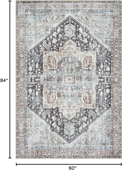 Bloom Rugs Washable Non-Slip 5' x 7' Rug - Charcoal/Brown Traditional Medallion Area Rug for Living Room, Bedroom, Dining Room, and Kitchen - Exact Size: 5' x 7'