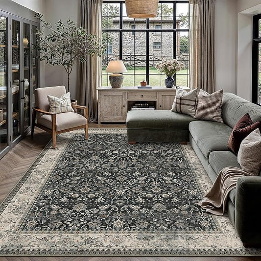 HUGEAR 8x10 Machine Washable Rugs Black Beige Hallway Large Area Rug Indoor Accent Rug Floral Low Pile Carpet Soft Throw Aesthetic Rug Bedroom Living Room Office Dining Room Laundry Room