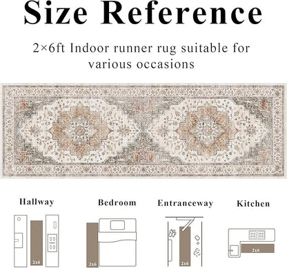 2x6 Vintage Runner Rug Low Pile Runners Non-Slip Machine Washable Rug Retro Distressed Print Lightweight Carpet for Hallway Kitchen Living Room Bedroom Laundry Room