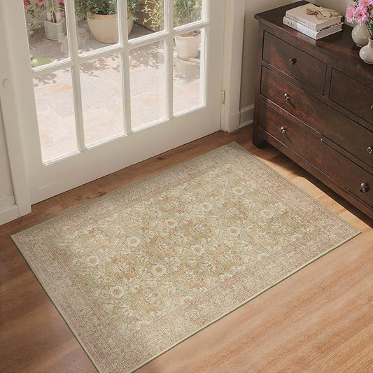 Bavni Small Throw 2x3 Vintage Floral Rug, Washable Non Slip Cute Area Rug for Entryway, Bedroom, Kitchen or Bathroom, Low Pile Carpet, Brown Pink