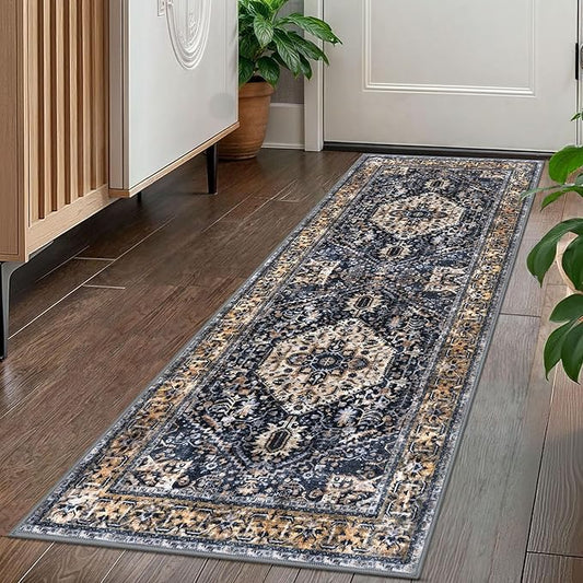 KOZYFLY Runners for Hallways 2x5 Ft Washable Kitchen Runner Rug Boho Runner Rug for Entryway Indoor Gold Navy Printed Oriental Faux Wool Floor Carpet Runner for Laundry Room Kitchen Hall