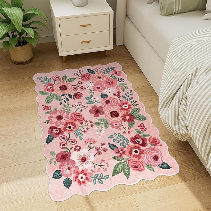 DUKINO 2x3 Entryway Rug, Floral Washable Indoor Door Mat with Non-Slip Backing, Soft Low Pile Small Front Door Throw Rugs for Entryway, Kitchen, Bedroom, Laundry, Bathroom,Pink