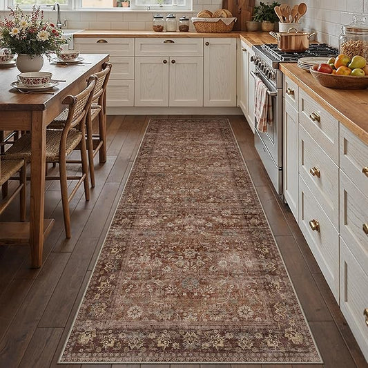 HUGEAR 3x10 Runner Rug Machine Washable Brick Red Hallway Area Rug Indoor Accent Rug Floral Low Pile Carpet Soft Throw Rug Bedroom Living Room Office Dining Room Kitchen Laundry Room Non Slip