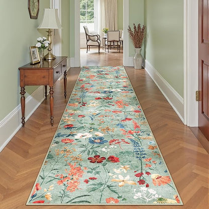 Floral Runner Rug 3x8 Washable Hallway Long Green Bedroom Carpet Non Slip Indoor Boho Kitchen Low Pile Accent Rug Lightweight Soft for Bathroom Dining Laundry Living Room