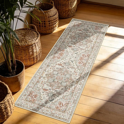 Enkor Runner Rugs for Hallway, 2x6 Washable Soft Boho Non Slip Floor Rugs for Kitchen, Modern Mat for Living Room Bedroom Entryway Beige & Orange