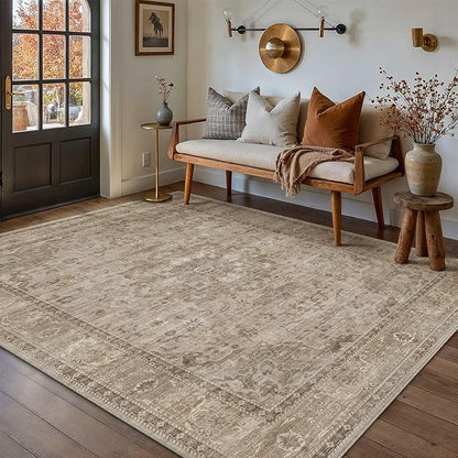 HUGEAR Washable 5x7 Area Rugs Retro Brown Living Room Bedroom Rug Vintage Distressed Non Slip Stain Resistant Low Pile Neutral Throw Carpet for Home Decor