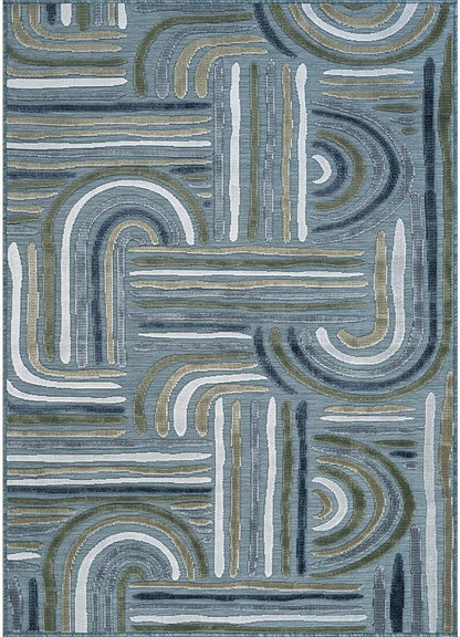 CAMILSON Indoor Outdoor Rug, Aqua 8x10 Geometric Arch Striped Area Rugs for Patio and Home Areas, Easy-Cleaning Non-Shedding Living Room, Garden and Deck Washable Outside Carpet (8 x 10)