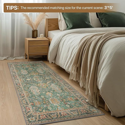 Bavni Runner Rug, Machine Washable Rugs for Bedroom 2x7, Non Slip Boho Rugs with Rubber Backing, Ultra-Thin Folable Rug Runner for Hallways Bathroom, Sage/Gold