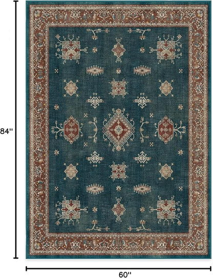 RUGGABLE Washable Vintage Area Rug – Verena Teal Blue 5x7, Stain-Resistant, Non-Slip – Medium Machine Washable Rugs for Living Room, Bedroom, Hallway, Entryway & Office–with Standard Pad