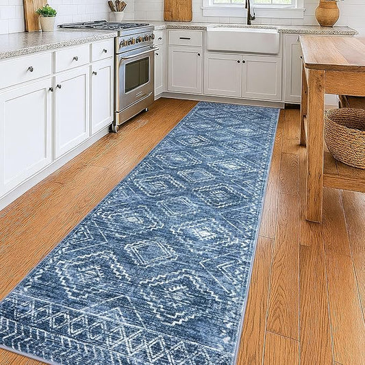 KILOCOCO Hallway Runner Rug 3x10 Runners for Hallways Washable Runner Rug Non Slip Rubber Backed Low-Pile Runners for Bedroom Kitchen Living Room Laundry Room Boho Rugs, Stonewashed Blue