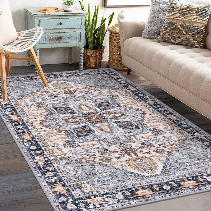 KOZYFLY Boho Area Rug 3x5 Ft Rugs for Entryway Washable Entry Rug Non Slip Door Mat Indoor Entrance Printed Faux Wool Throw Rugs for Entrance Front Porch Kitchen Living Room, Blue Gray/Cream