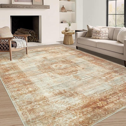 Vintage Living Room Area Rug - 6x9 Large Machine Washable Boho Moroccan Rug Distressed Farmhouse Rugs for Bedroom - Soft Non-Slip Indoor Carpet for Dining Room Office Nursery (Brown, 6'x9')
