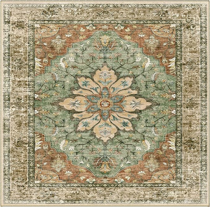 Area Rugs Square 4ft Washable Non-Slip, Floral Vintage Distress Print Pattern Medallion Carpet for Living Room Bedroom Dining Room, Brick Red Rust Neutral Brown Burnt Orange Green