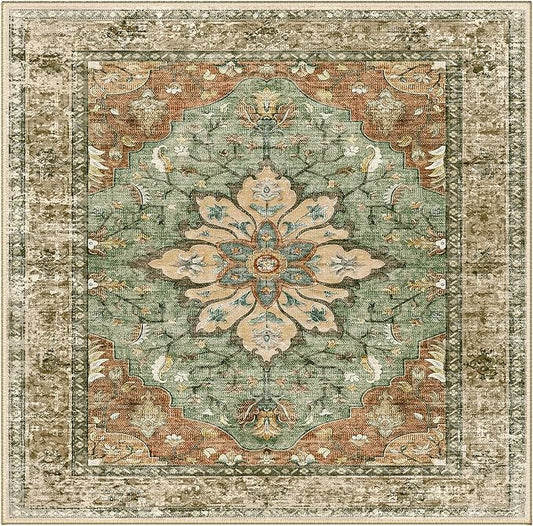 Area Rugs Square 4ft Washable Non-Slip, Floral Vintage Distress Print Pattern Medallion Carpet for Living Room Bedroom Dining Room, Brick Red Rust Neutral Brown Burnt Orange Green