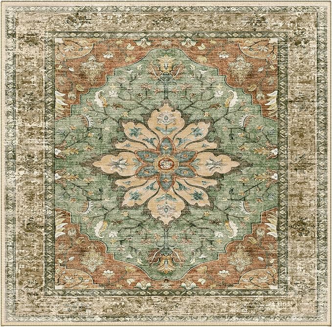 Area Rugs Square 7ft Washable Non-Slip, Floral Vintage Distress Print Pattern Medallion Carpet for Living Room Bedroom Dining Room, Brick Red Rust Neutral Brown Burnt Orange Green