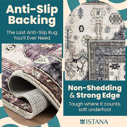 Istana 2x3 Rug - Dark Grey Blue/Rose Mauve Bedroom Rug - Kid & Pet Friendly 2x3 Washable Rug Non Slip - Rubber Backed Rugs - Foldable Eco Friendly Materials for Small Rugs