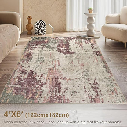 4x6 Area Rug Living Room Rugs - Washable Neutral Modern Abstract Soft Thin Rug Indoor Floor No Slip Rug Carpet for Bedroom Under Dining Table Home Office Decor - Purple/Green/Beige