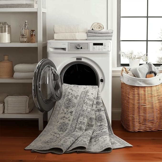ReaLife Rugs Machine Washable Area Rug Runner - Living Room Bedroom Bathroom Kitchen Entryway Office - Padded Low Pile Stain Resistant Premium - Boho Farmhouse Vintage - Noor - Ivory Grey 3' x 5'
