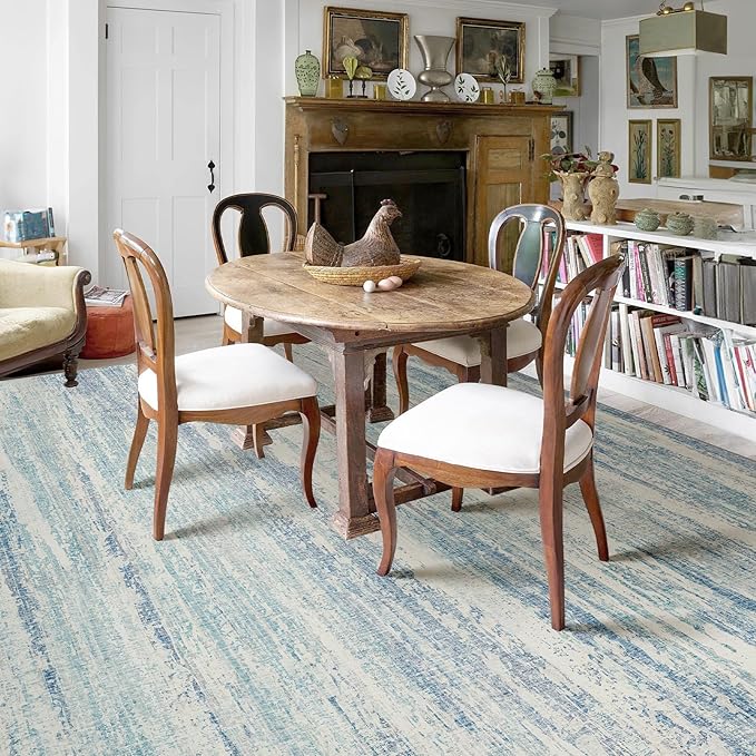 MUJOO 9x12 Area Rug,Washable Rugs for Living Room Bedroom Dining Room,Modern Abstract Large Non Slip Throw Carpet Indoor,Low Pile Accent Neutral Blue